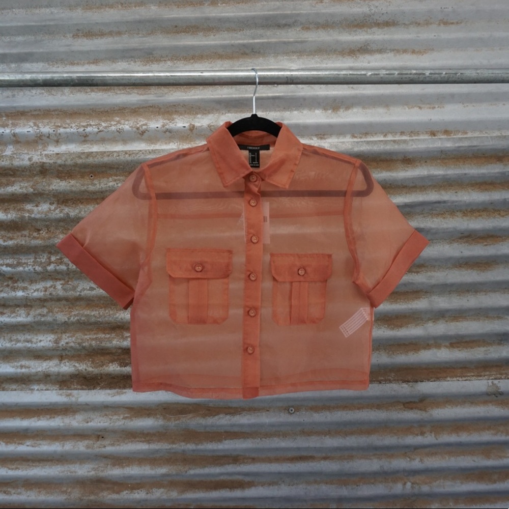 Beige sheer SS button-down crop.